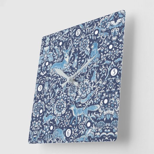 ウッドランド海軍ブルーフォレストアニマルキツネウサギフローラ スクエア壁時計 (傾斜)