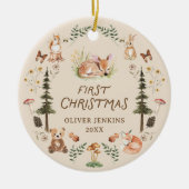 ウッドランド男の赤ちゃん初めてのクリスマスフォトオーナメント セラミックオーナメント (正面)