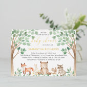 ウッドランド男女兼用アニマルズベビーシャワー金ゴールド 箔招待状 (立ち正面)