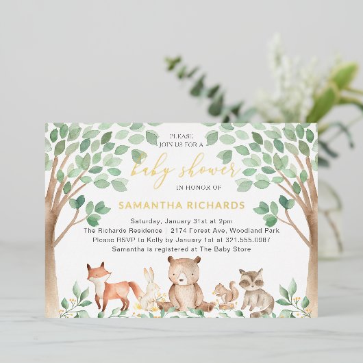 ウッドランド男女兼用アニマルズベビーシャワー金ゴールド 箔招待状 (立ち正面)