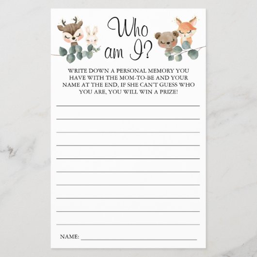 ウッドランド私は赤ちゃんシャワーゲームカード チラシ (正面)