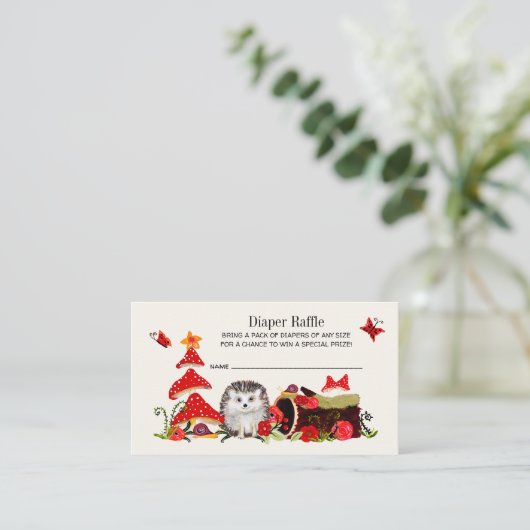 ウッドランド秋ハリネズミ赤ちゃんシャワーおむつラッフル エンクロージャーカード (スタンド正面)