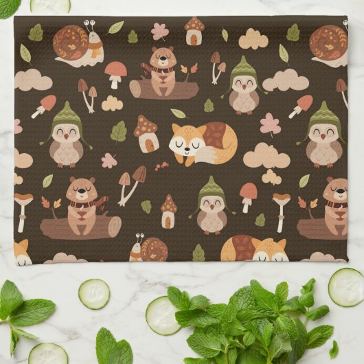 ウッドランド秋動物ダークオータムキツネディアフクロウRac キッチンタオル (折り畳み)