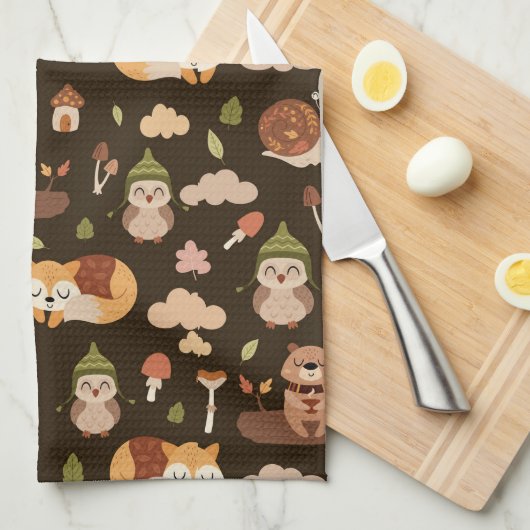 ウッドランド秋動物ダークオータムキツネディアフクロウRac キッチンタオル (四つ折り)