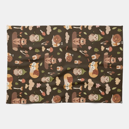 ウッドランド秋動物ダークオータムキツネディアフクロウRac キッチンタオル (横)
