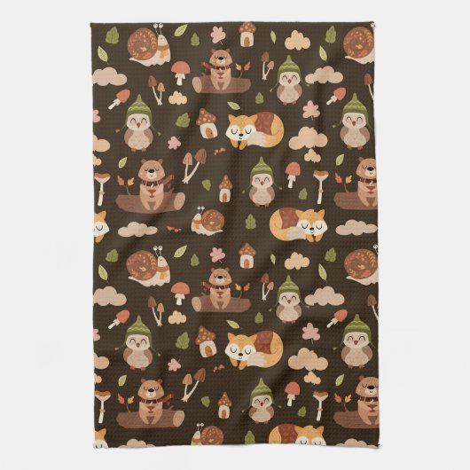 ウッドランド秋動物ダークオータムキツネディアフクロウRac キッチンタオル (縦)