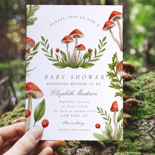 ウッドランド秋水彩きのこ赤ちゃんシャワー 招待状