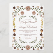 ウッドランド秋緑の花模様ベビーシャワー 招待状 (正面/裏面)