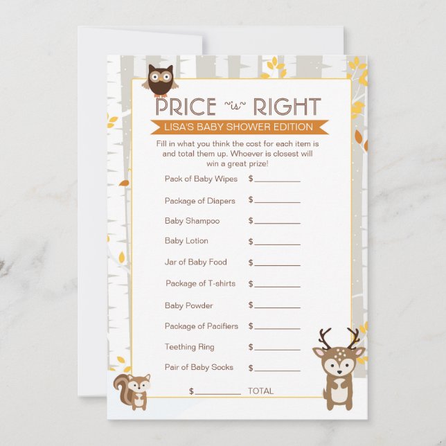 ウッドランド秋/冬の赤ちゃんシャワー価格ゲーム (正面)