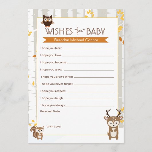 ウッドランド秋/赤ちゃんシャワーカードの冬の願い アドバイスカード (正面)
