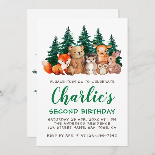 ウッドランド第2回バースデーフォレスト動物グリーンスクリプト 招待状 (正面/裏面)