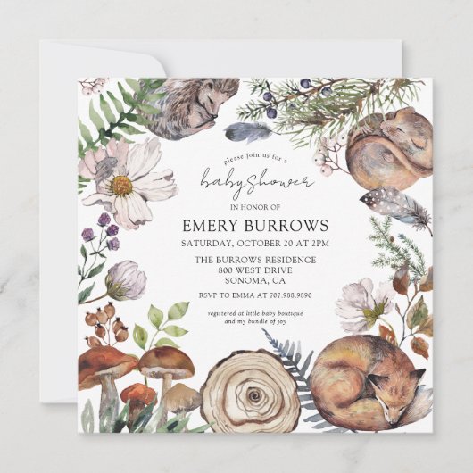 ウッドランド素朴かわいい森林動物の赤ちゃんシャワー 招待状 (正面)