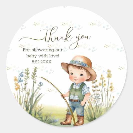 ウッドランド素朴かわいい魚釣りベイビーシャワーありがとう ラウンドシール (正面)
