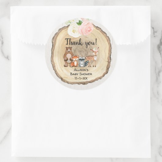 ウッドランド素朴の可愛い動物の女の子の赤ちゃんシャワー ラウンドシール (バッグ)