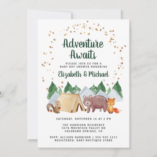 ウッドランド素朴アニマルズカップルの赤ちゃんシャワー 招待状 (正面)