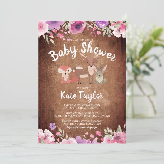 ウッドランド素朴アニマルズピンクフローラ赤ちゃんシャワー 招待状 (スタンド正面)