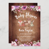 ウッドランド素朴アニマルズピンクフローラ赤ちゃんシャワー 招待状 (正面/裏面)