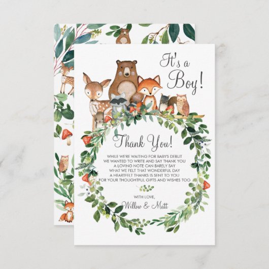 ウッドランド素朴アニマルズベビーシャワーニュートラルボーイ サンキューカード (正面/裏面)