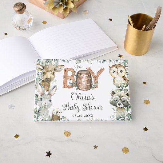 ウッドランド素朴アニマルズ緑の男の子の赤ちゃんシャワー ゲストブック (正面見開き)