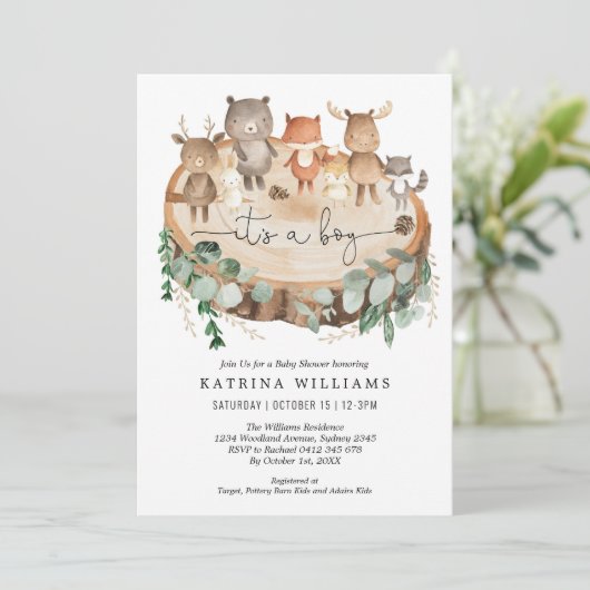 ウッドランド素朴アニマルズ緑の男の子の赤ちゃんシャワー 招待状 (スタンド正面)