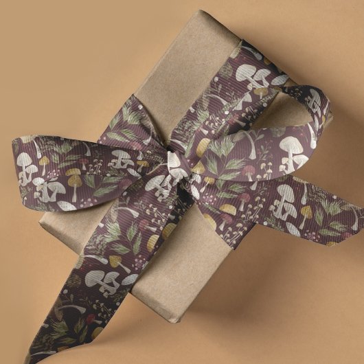 ウッドランド素朴ウォーターカラーの木こりのキノコ林 グログランリボン