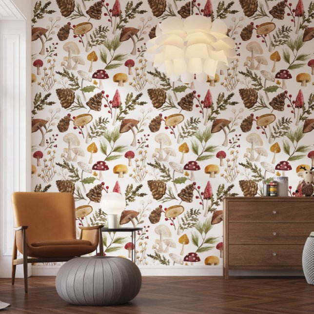 ウッドランド素朴ウォーターカラーの木こりのキノコ林 壁紙 (Rustic Woodland Watercolor Woodsy Mushroom Forest Wallpaper)