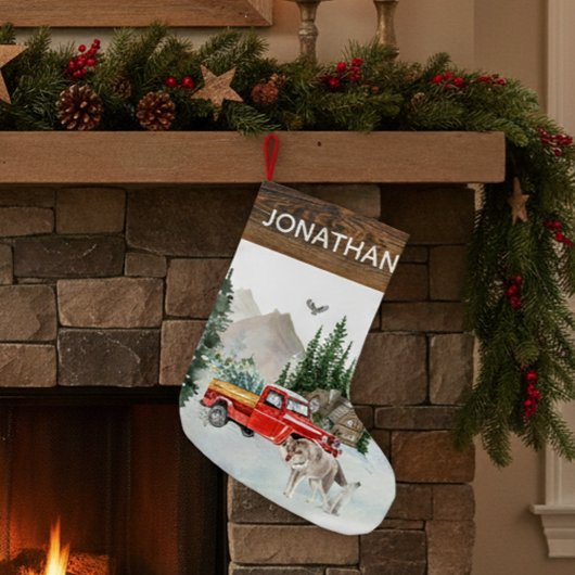 ウッドランド素朴ウォーターカラートラックキャビンウルフ スモールクリスマスストッキング