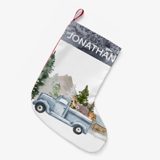 ウッドランド素朴ウォーターカラートラックキャビン スモールクリスマスストッキング (正面 (吊り時))