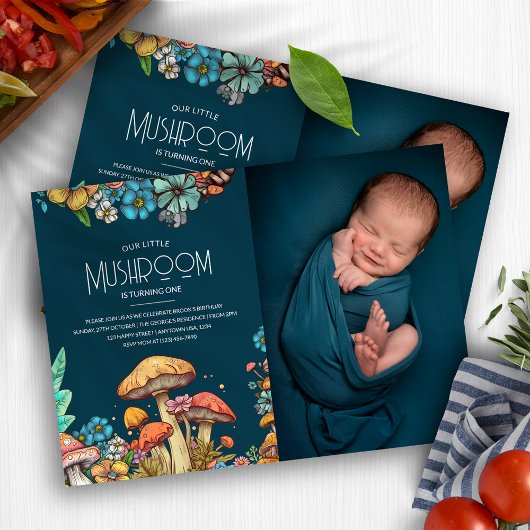 ウッドランド素朴キノコ真菌1st誕生日の写真 招待状