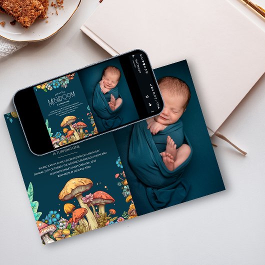 ウッドランド素朴キノコ真菌1st誕生日の写真 招待状