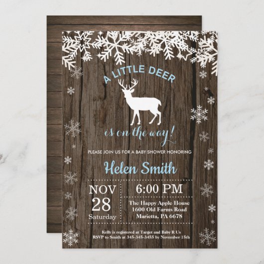 ウッドランド素朴ディアウィンターボーイ赤ちゃんシャワー 招待状 (正面/裏面)