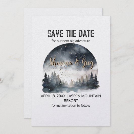 ウッドランド素朴パインの森の冬の日付を保存 招待状 (正面/裏面)