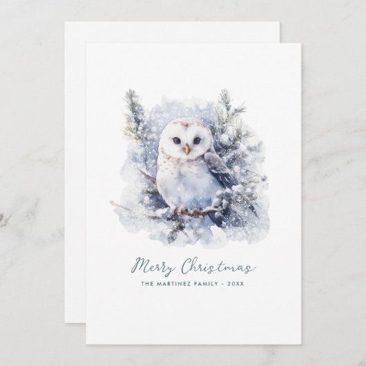 ウッドランド素朴パインフクロウのメリークリスマス シーズンカード (正面/裏面)