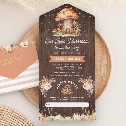ウッドランド素朴フォレストマッシュルーム木材ベビーシャワー オールインワン招待状