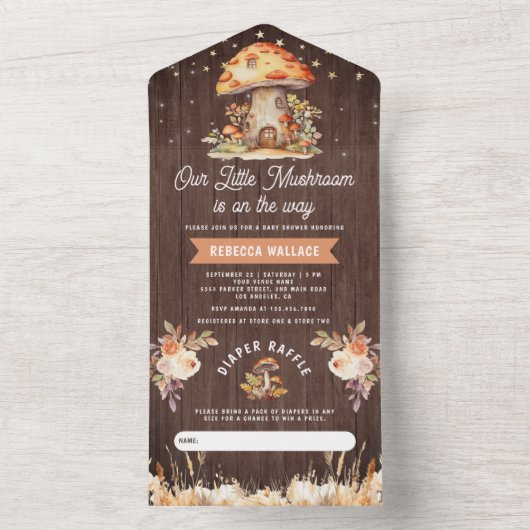 ウッドランド素朴フォレストマッシュルーム木材ベビーシャワー オールインワン招待状 (内側)