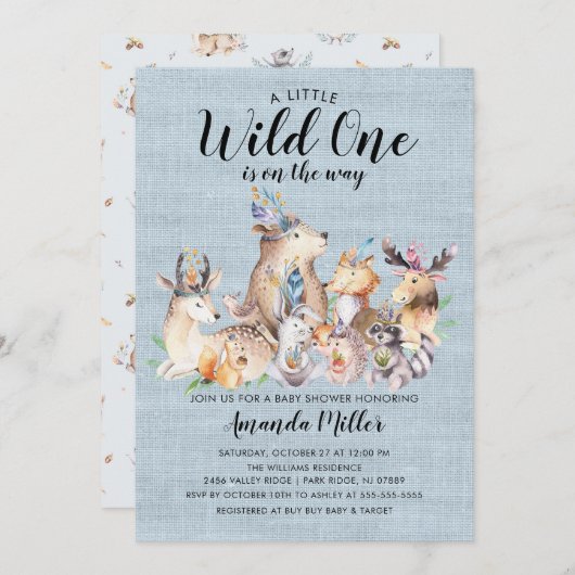 ウッドランド素朴フレンズ野生の1つの赤ちゃんシャワー 招待状 (正面/裏面)