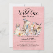 ウッドランド素朴フレンズ野生の1女の子ベビーシャワー 招待状 (正面)