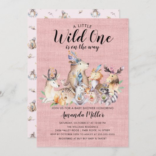 ウッドランド素朴フレンズ野生の1女の子ベビーシャワー 招待状 (正面/裏面)