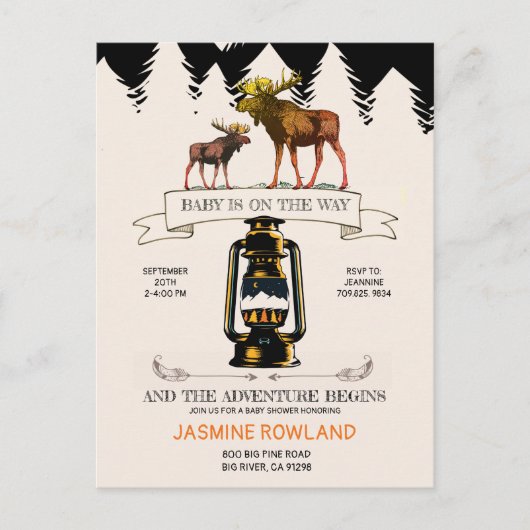 ウッドランド素朴ムース赤ちゃんシャワー インビテーションポストカード (正面)