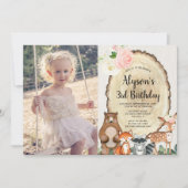 ウッドランド素朴動物フローラ女の子の誕生日の写真 招待状 (正面)