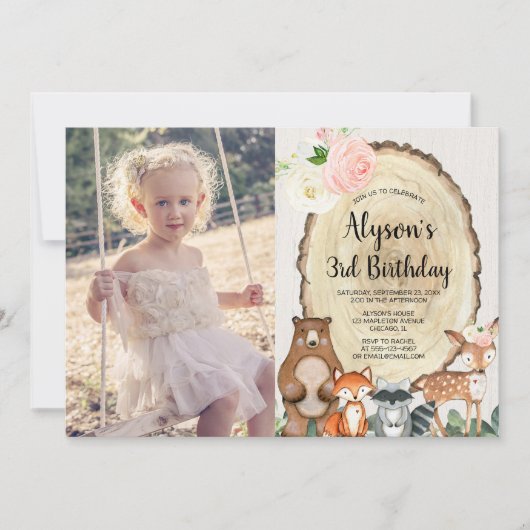 ウッドランド素朴動物フローラ女の子の誕生日の写真 招待状 (正面)