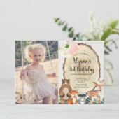 ウッドランド素朴動物フローラ女の子の誕生日の写真 招待状 (スタンド正面)