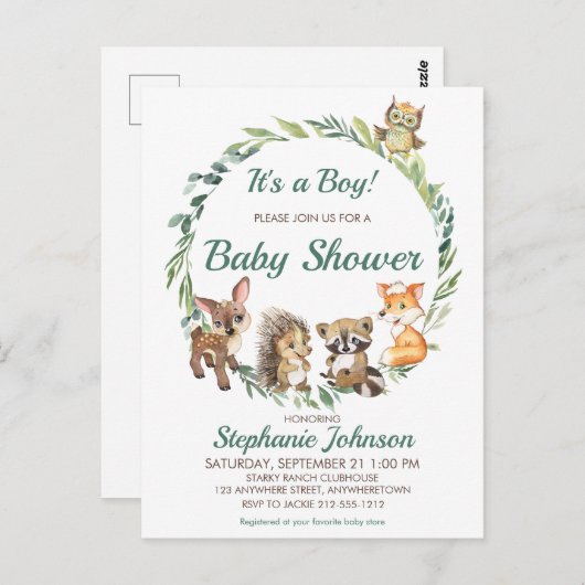 ウッドランド素朴森林動物の赤ちゃんシャワー ポストカード (正面/裏面)