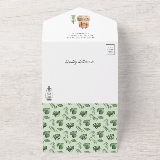 ウッドランド素朴森林動物キャンプ赤ちゃんシャワー オールインワン招待状 (外側)