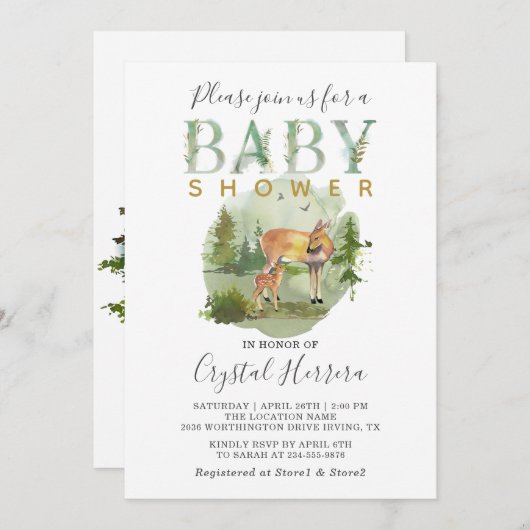 ウッドランド素朴森林水の色の鹿の赤ちゃんシャワー 招待状 (正面/裏面)