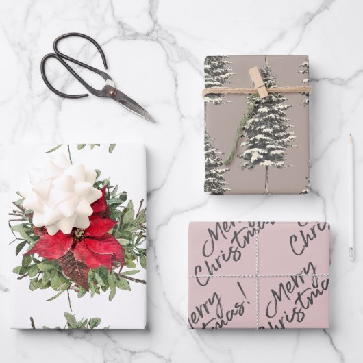 ウッドランド素朴・ポインセチア・メリークリスマス ラッピングペーパーシート (正面)
