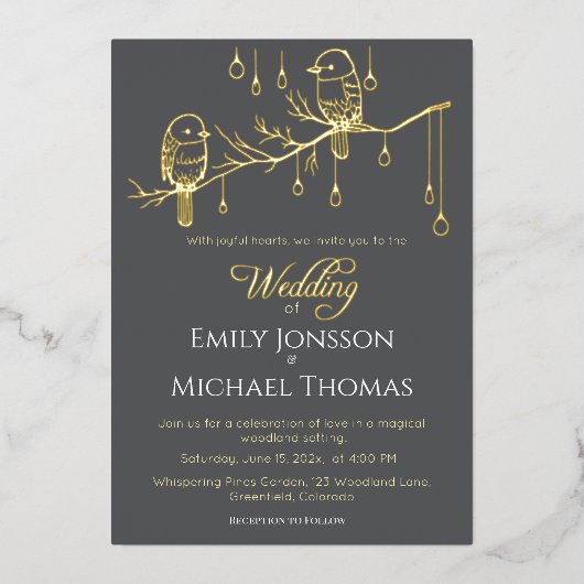 ウッドランド素朴・ラブ・バード・ロマン結婚ティック 箔招待状 (正面)