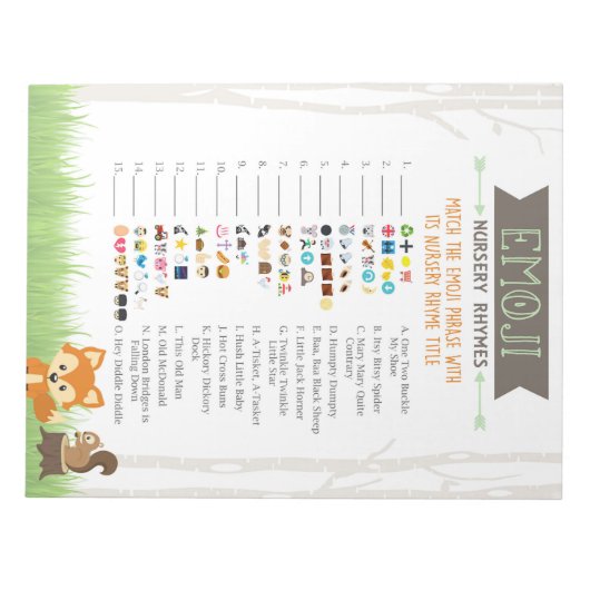 ウッドランド絵文字子供部屋韻ゲーム赤ちゃんシャワー ノートパッド (正面)