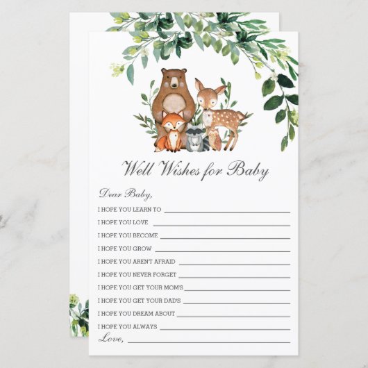 ウッドランド緑が赤ちゃんのシャワーカードを望む (正面/裏面)