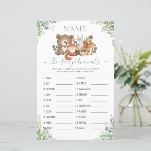ウッドランド緑のシャワー赤ちゃん動物の名前ゲーム (スタンド正面)